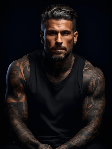 Homem confiante com corpo musculoso tatuado em fundo preto