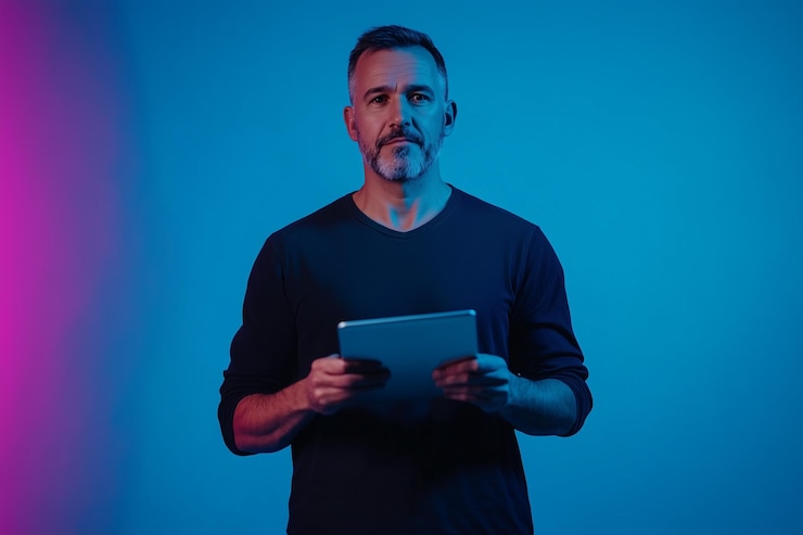 Foto homem confiante de meados dos 30 anos com um tablet