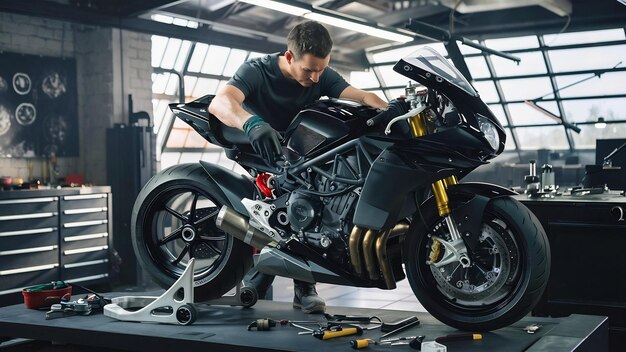 Homem consertando uma motocicleta em uma oficina moderna