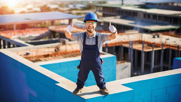 Homem construtor usando óculos de uniforme de construção e capacete de segurança sorrindo amigável mostrando o polegar