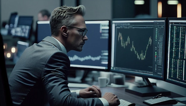 Homem contando dados financeiros em um escritório moderno Telas de computador em uma mesa exibem dados da bolsa de valores Cálculo do custo do empréstimo para uma corporação Generative AI