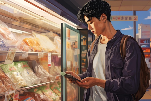 Homem contemplando escolhas de produtos na seção de geladeira de supermercado