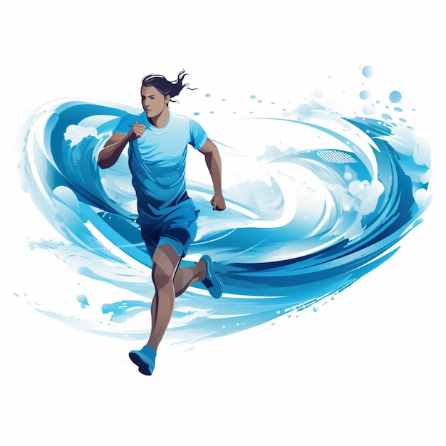 Homem correndo com onda azul fluindo em fundo branco