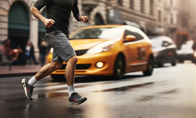 Homem correndo em rua movimentada com táxis amarelos gerados por IA