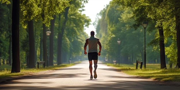 Homem correndo no parque com árvores verdes em um belo dia de verão conceito de fitness esportivo IA geradora