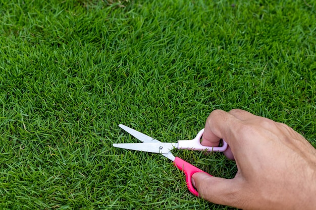 Foto homem cortando grama com uma pequena tesoura de papel