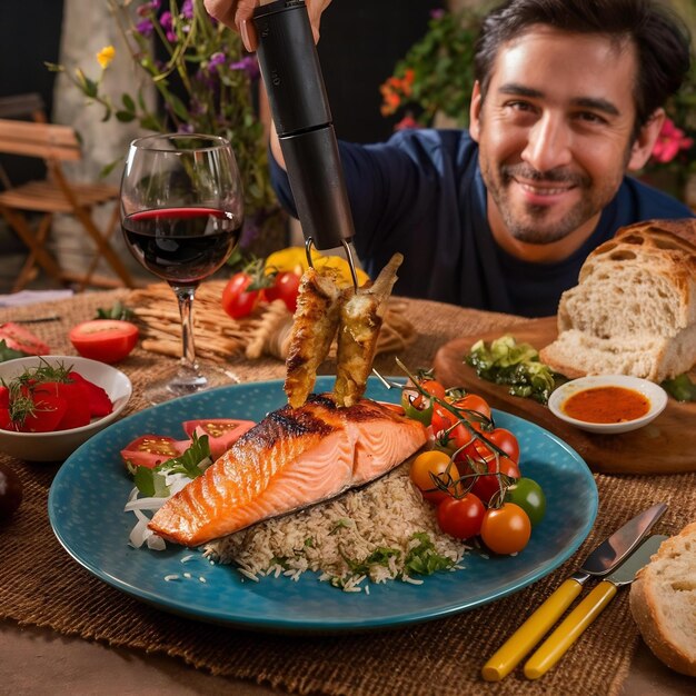 Foto homem cortando salmão grelhado servido com arroz lula kebab piolhos tomates vinho