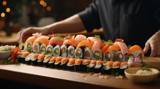 Homem cortando sushi na tábua de cortar