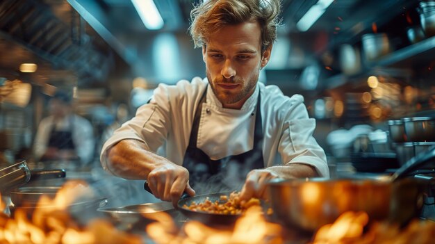 Foto homem cozinhando em uma grande cozinha