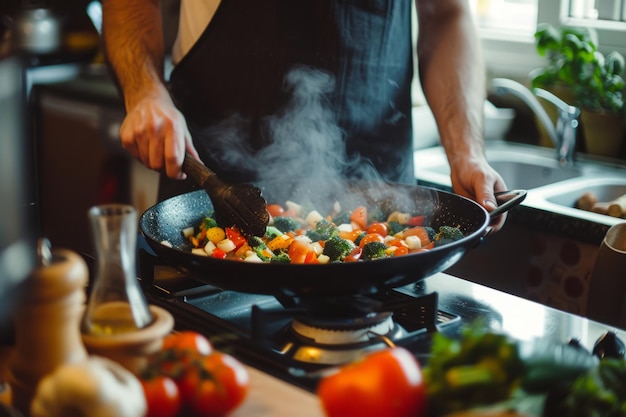 Homem cozinhando legumes na frigideira