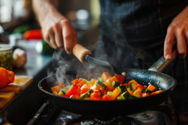 Homem cozinhando legumes na frigideira