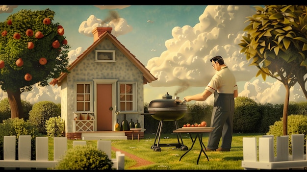 Homem cozinhando na frente da casa renderização 3D Ilustração conceitual