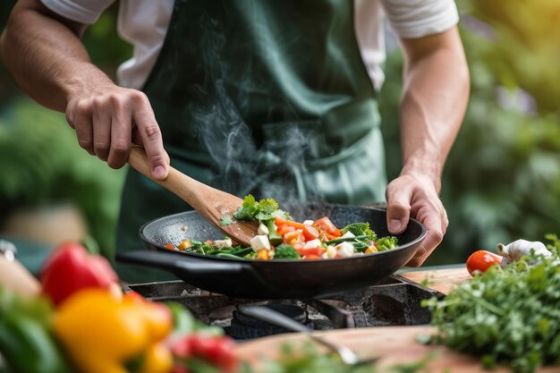 Homem cozinhando vegetais na frigideira.