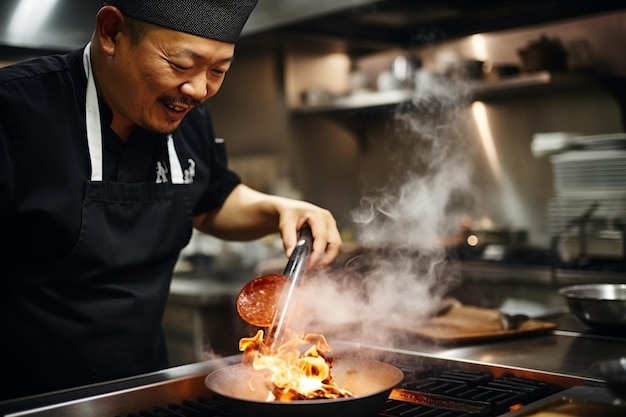 Homem cozinheiro cozinhando frango asiático em uma cozinha de café