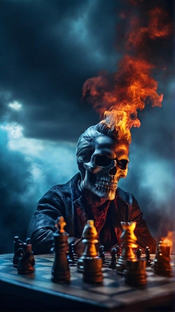 Homem-crânio a jogar xadrez com rosto sério, fumo e fundo de efeito escuro.