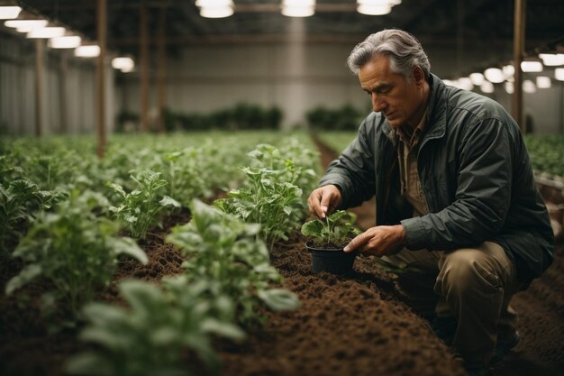 Homem cultivando e cultivando plantas comestíveis dentro de casa