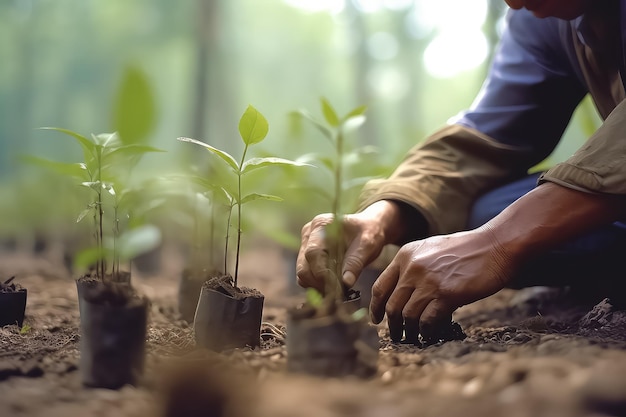 Homem cultivando plantas agrícolas no jardim ao pôr do sol AI