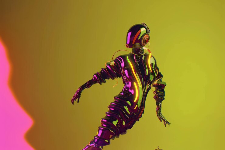 Foto homem cyberpunk dançando em um fundo de discoteca cor de néon amarelo luz intermitente jacket capacete 3d i