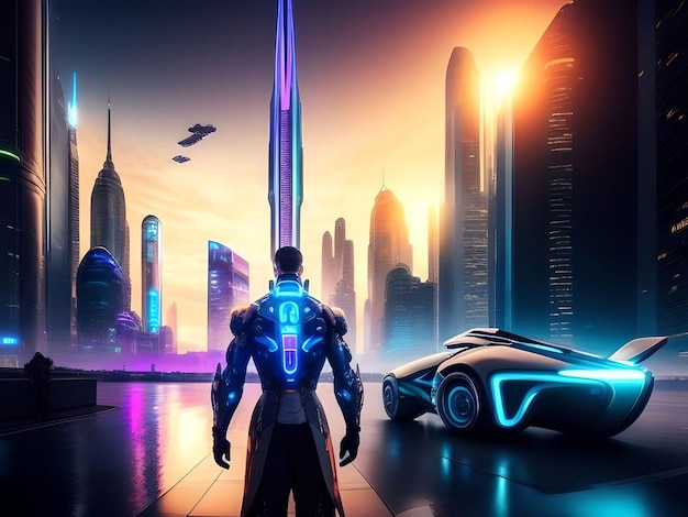 Homem Cyborg com carro esportivo futurista e paisagem urbana com drones durante o pôr do sol