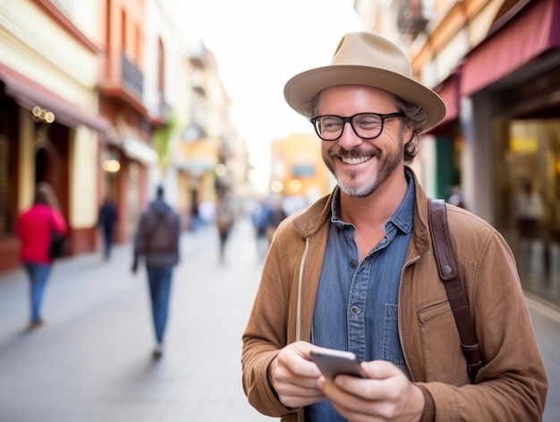 homem da Colômbia usando smartphone para comunicação on-line