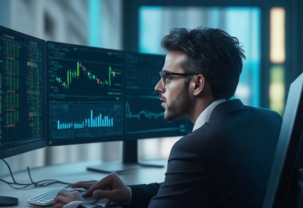 Homem da foto sentado em uma mesa na frente de dois monitores de computador com um gráfico de ações à esquerda