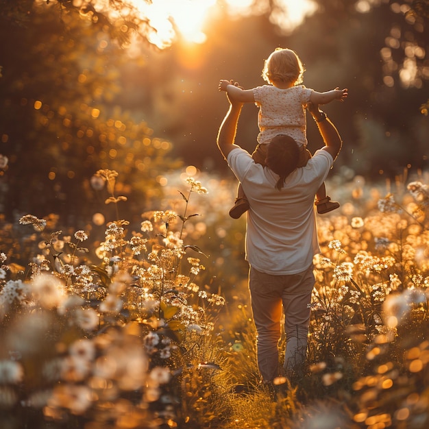 Homem dando a uma criança um passeio de costas sorrindo e brincando em um campo ao pôr do sol