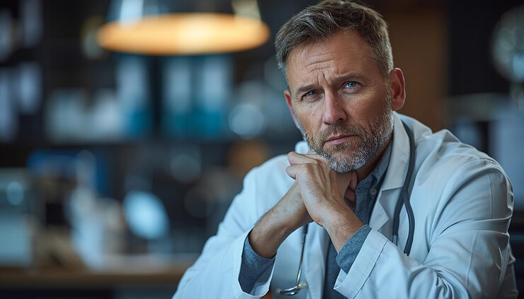 Foto homem de 55 anos com cabelo curto e casaco médico branco