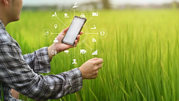 Foto homem de agricultor de tecnologia agricultura usando dados de análise de smartphone e ícone visual.
