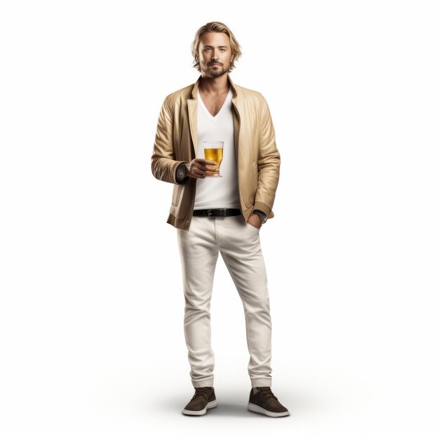 Homem de alta qualidade de moda 3D em calças de ganga escuras e casaco branco segurando um copo de cerveja