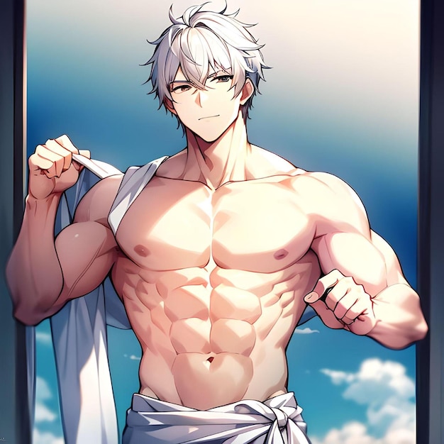 Homem de anime asiático bonito e bonito com corpo musculoso sorrindo no estilo grego antigo