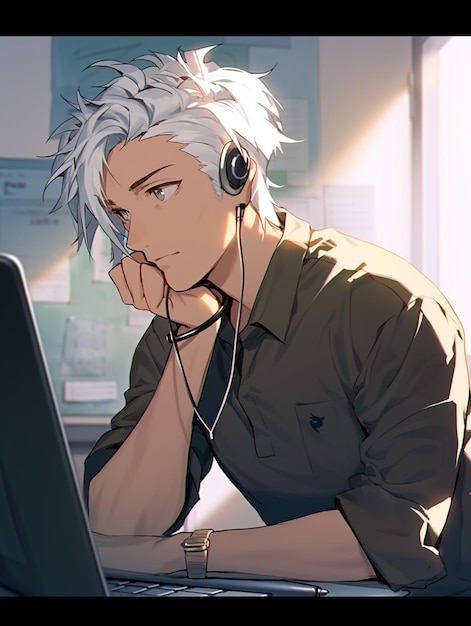 Homem de anime com fones de ouvido olhando para uma tela de laptop