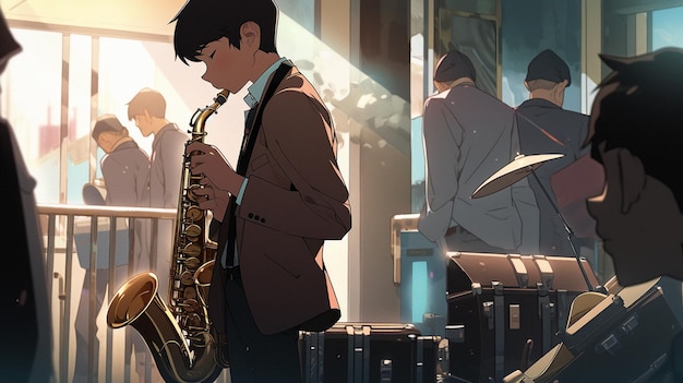 Homem de anime tocando saxofone em uma sala lotada com pessoas em pé ao redor de IA generativa