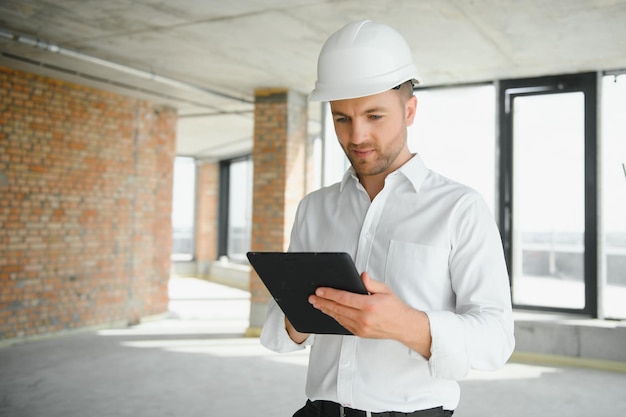 Homem de arquiteto de negócios usando capacete de segurança de um projeto de construção