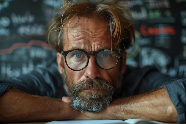 Foto homem de barba e óculos apoiado na mesa