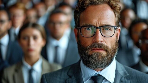 Foto homem de barba e óculos na frente do grupo