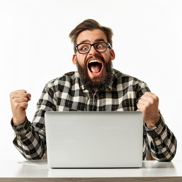 Foto homem de barba e óculos usando laptop