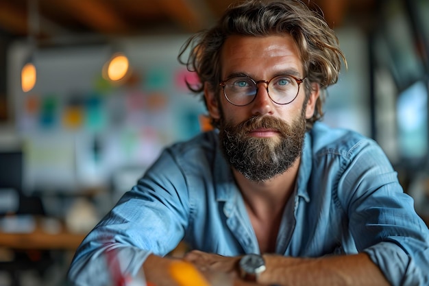 Foto homem de barba refletiva num escritório