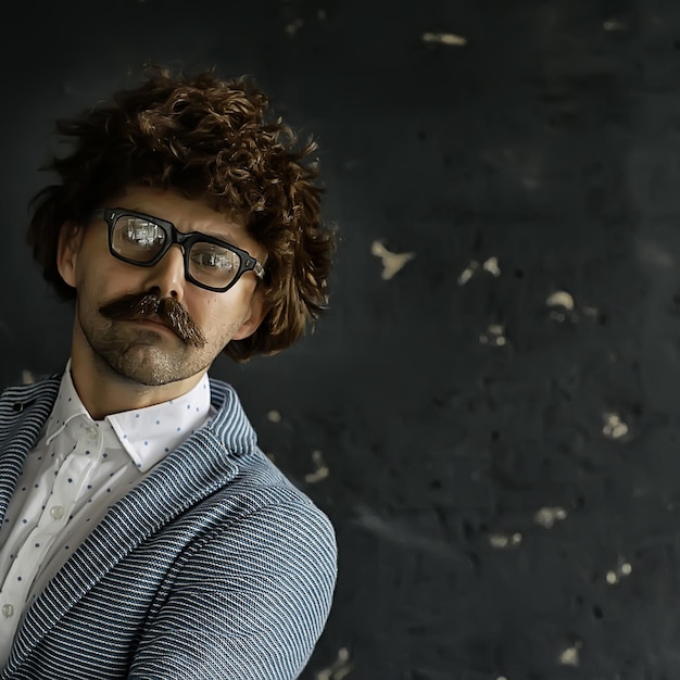 homem de bigode em um terno clássico e óculos vintage, retrato de hipster encaracolado, cabelos longos