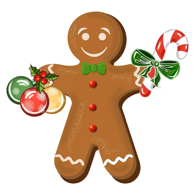 Homem de biscoito de pão de gengibre com cana-de-açúcar e bolas coloridas de Natal Ilustração digital isolada em fundo branco para decorar convites e cartões fazendo adesivos impressos na embalagem