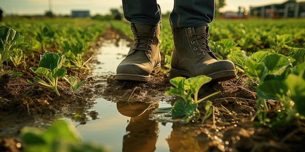 Homem de botas de borracha no campo em close-up Colheita foto de alta qualidade IA geradora