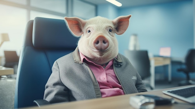 Homem de cabeça de porco sentado em uma cadeira de escritório