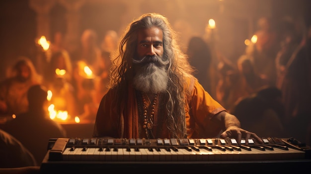 Homem de cabelo longo e barba tocando teclado