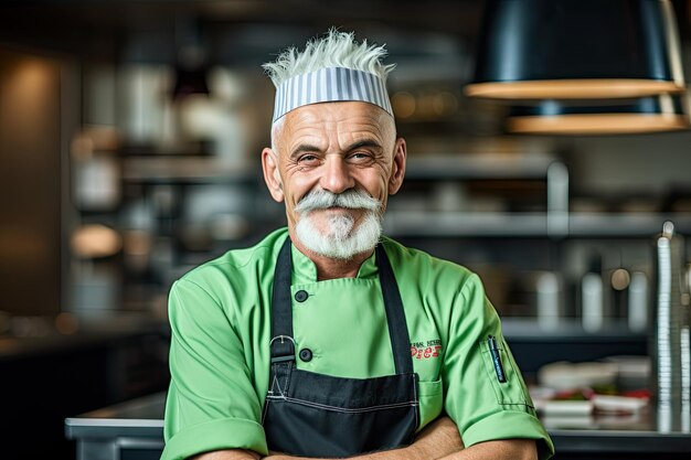 Homem de cabelo verde vestindo um uniforme de chef