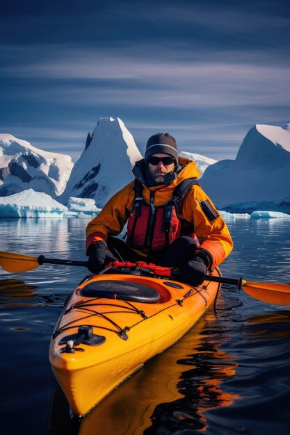 Homem de caiaque de inverno remando em caiaque no mar entre icebergs Ai generativo