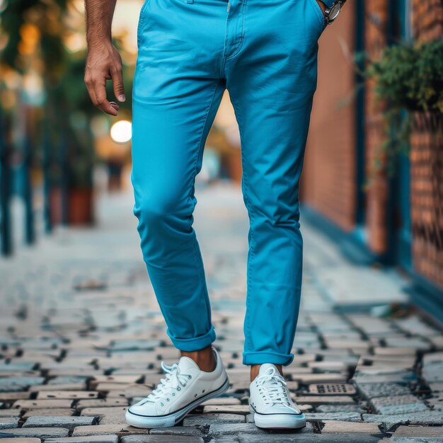 Foto homem de calças azuis calças e sapatos brancos modelo de moda calças azuis