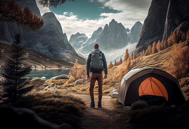 Homem de caminhadas com mochila e tenda nas montanhas generative ai