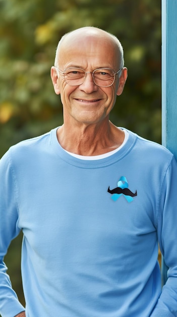 Homem de camisa azul com fita azul do mês do câncer de próstata imagem gerada por IA