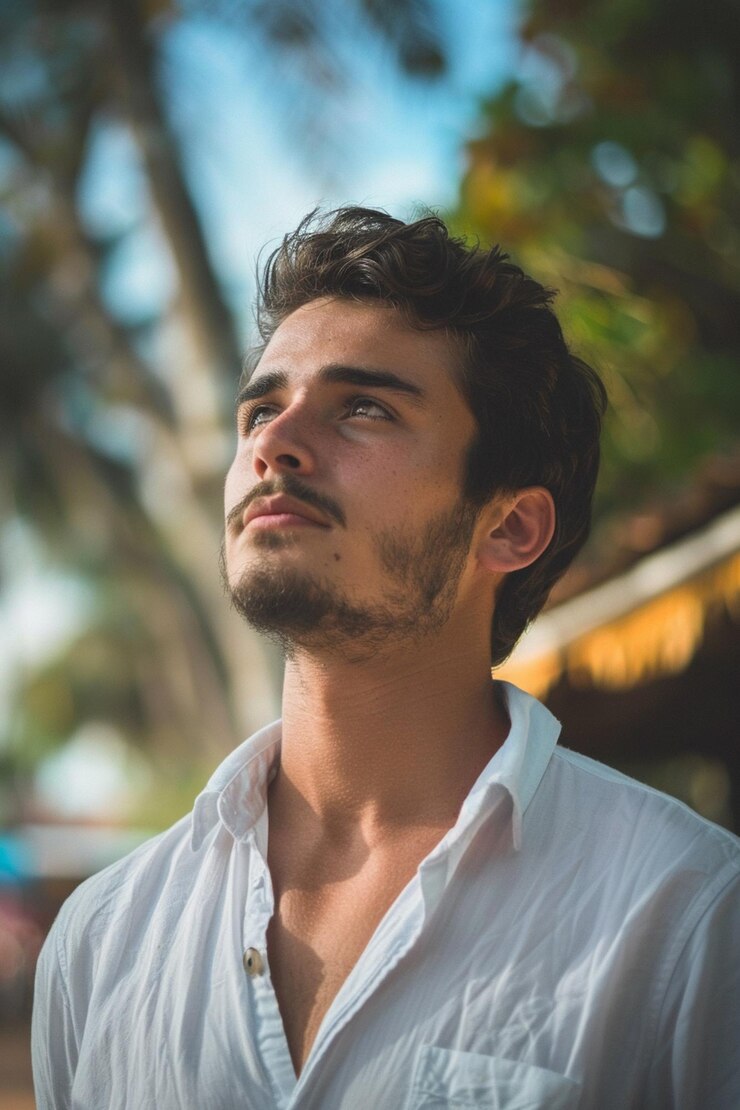 Foto homem de camisa branca olha para cima