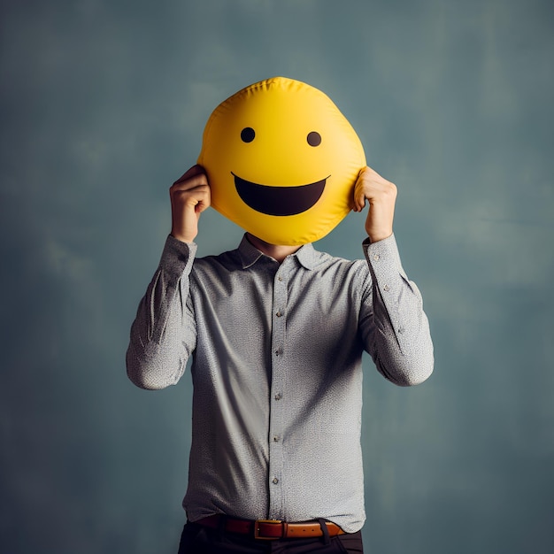 homem de camisa cobrindo o rosto com emoji sorridente feliz design generativo ai