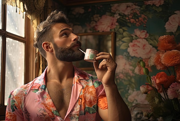 homem de camisa floral está penteando a barba com uma escova de sobrancelha e um batom no estilo de espelho